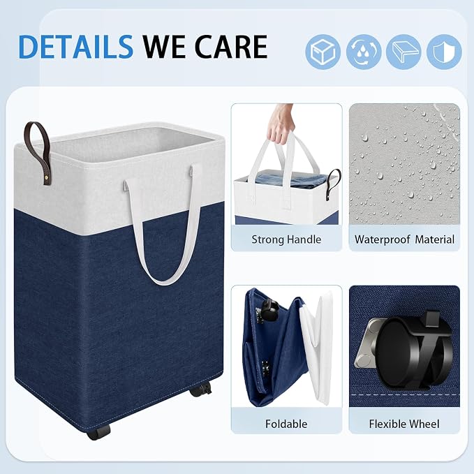 HomeHacks 90L Rolling Laundry Basket with 4 Wheels Collapsible Blue | 4 Wheels, Waterproof PEVA Lining, Cotton Flax Fabric, Metal Frame, Bathroom Laundry Room Dorm Storage, Space-Saving Design