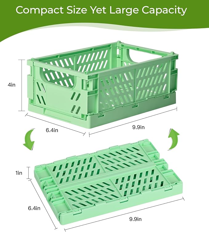 HUUSMOT 2-Pack Collapsible Plastic Storage Baskets, Green, 9.8"x6.5"x3.8" | Pastel, Space-Saving, Collapsible Plastic Bins, Cute Mini Storage Crates, for Classroom, Kitchen, Office, Bedroom