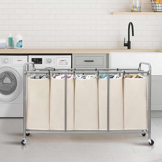 STORAGE MANIAC 5 Section Laundry Sorter, 5 Bins Rolling Separator Laundry Basket, Dirty Clothes Hamper Divider with Heavy Duty Lockable Wheels, Large Clothes Organizer Cart, Beige