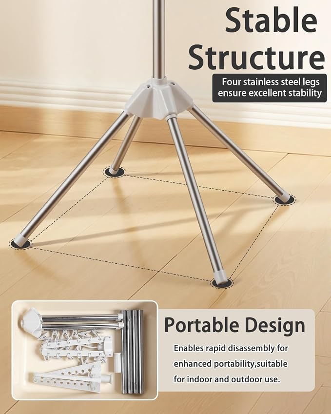 Foldable Clothes Drying Rack, 2 Tier Portable Laundry Drying Rack | 67" Drying Rack, Rotating Clothes Rail with 24 Clips and 3 Rotatable Arms, Flats, Small Rooms, Dorm