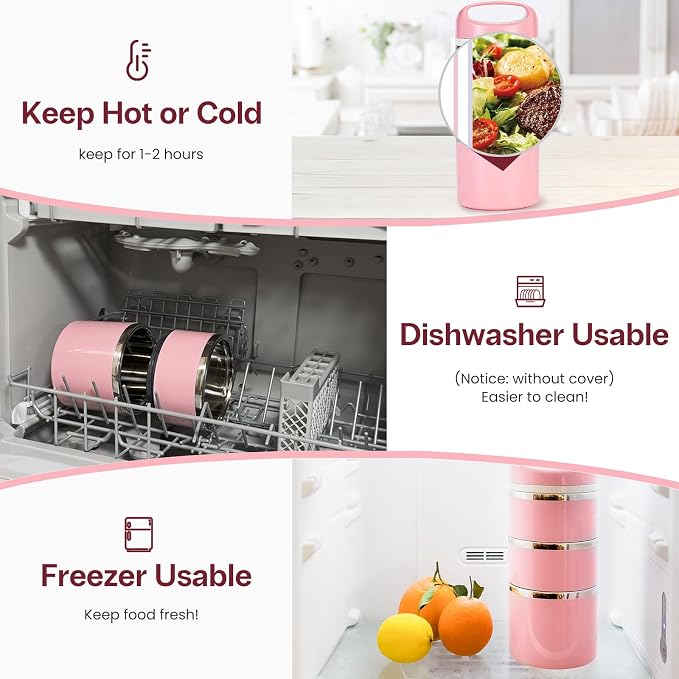 Lille Home Stackable Stainless Steel Thermal Compartment Lunch/Snack Box, 3-Tier Insulated Bento/Food Container with Lunch Bag and Three Extra Seals, 43OZ (Pink)