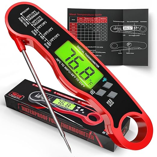 AWLKIM Meat Thermometer Digital - Instant Read Waterproof Food Thermometer with Backlight for Cooking, Grill, Candy, Kitchen & Stocking Stuffers for Men - Red