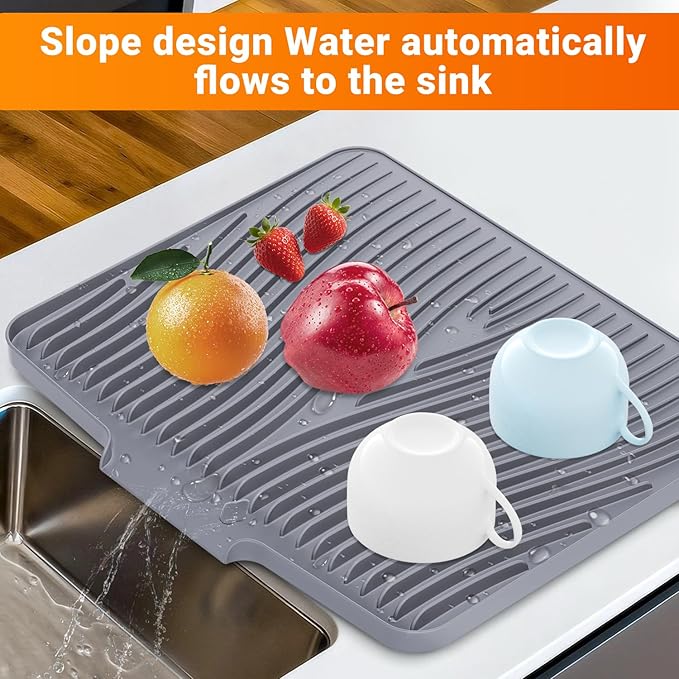 Silicone Dish Drying Mat for Kitchen counter, 15.8"x13" Extra Large Non-Slip Drain Pad with Built-in Drainage, Heat Resistant Dishwasher Safe, Grey