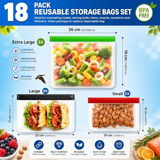 18-Pack Reusable Silicone Ziplock Food Storage Bags – BPA-Free, Leakproof Set with 5 Snack, 8 Sandwich & 5 Gallon Sizes – Extra Thick, Freezer Safe & Eco-Friendly for Kitchen, Meal Prep & Travel