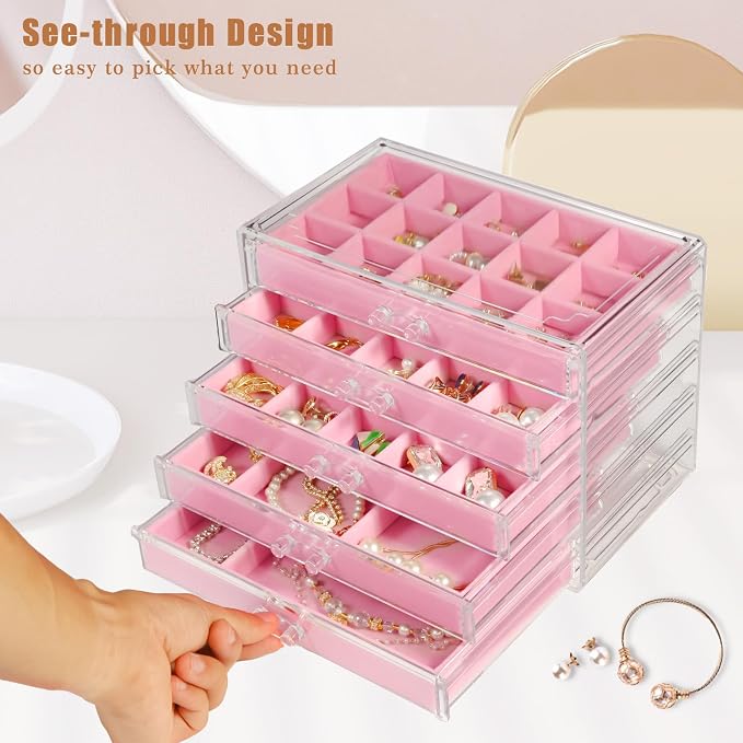 GUOER Earring Organizer, Acrylic Jewelry Box with 5 Drawers for Women, Pink | Clear Earring Holder Organizer Box, Stud Earring Ring Display Storage Case Large, Adjustable Velvet Trays Girls Gifts
