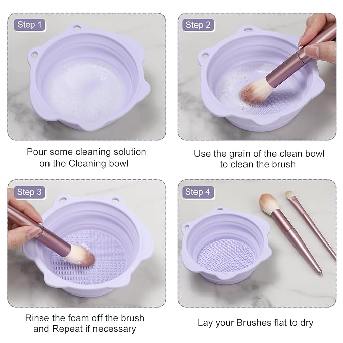 Foldable Silicone Makeup Brush Cleaner Bowl | Portable Cleaning Tool For Brushes, Powder Puffs, Sponges (Purple)