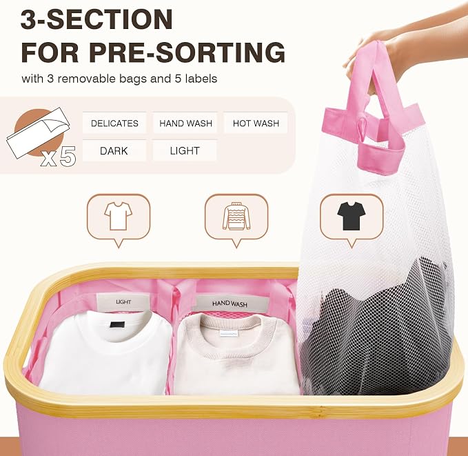Hampers for Laundry Basket with Lid, 160L Large Laundry Hamper 3 Section | Dirty Clothes Hamper Separator with 3 Removable Bags & 5 Labels, Divided Laundry Organizer for Bedroom, Laundry Room, Pink