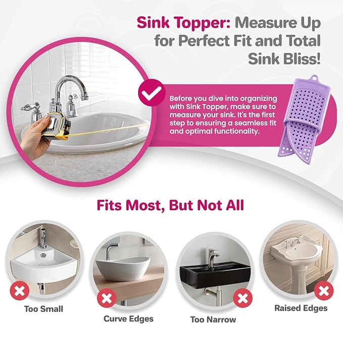 Sink Topper Bathroom Sink Cover for Counter Space, Large Lavender | Holds up to 7 lb on a steel frame; fits over basins 19-23 in; 480°F silicone; foldable makeup mat; countertop extender