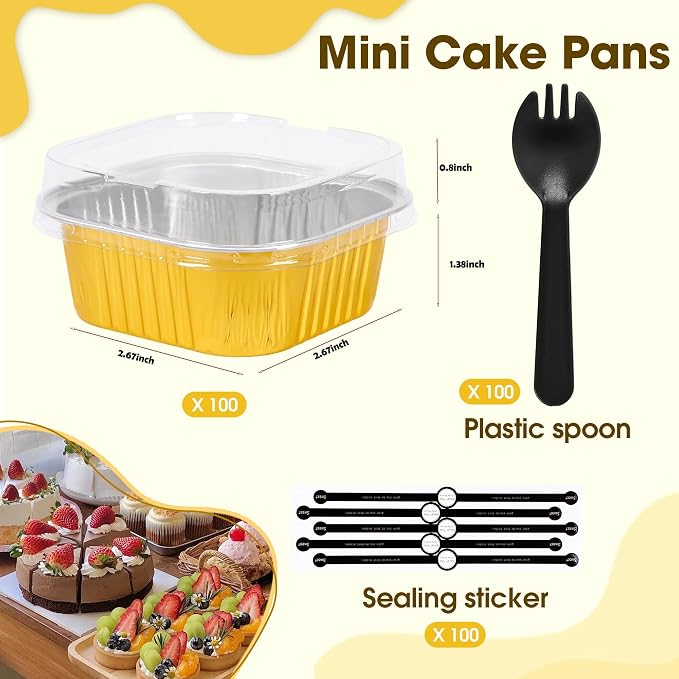 100 Pcs Mini Cake Pans with Lids, 5oz Square Aluminum Foil Brownie Baking Cups, Dessert Cupcake Cups with lids, Disposable Loaf Pans Cupcake for Wedding Birthday Party (Red)
