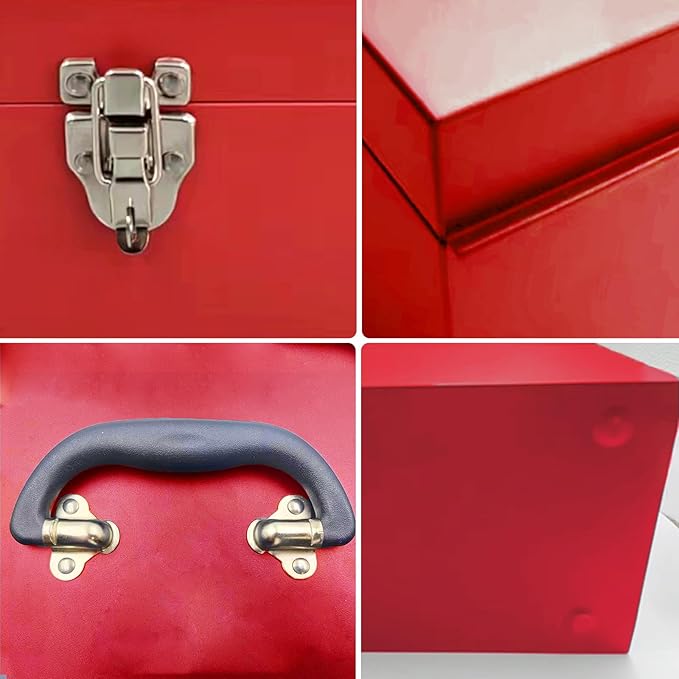 16" Portable Steel Heavy-duty Large Tool Box 18-Gauge Fishing Tackle Box Tool Box Drawer Organizer With Metal Latch and Handle Red