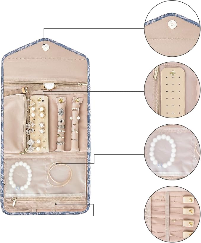BAGSMART Travel Jewellery Organiser Roll Foldable Jewelry Case for Journey-Rings, Necklaces, Bracelets, Earrings, White Leaf