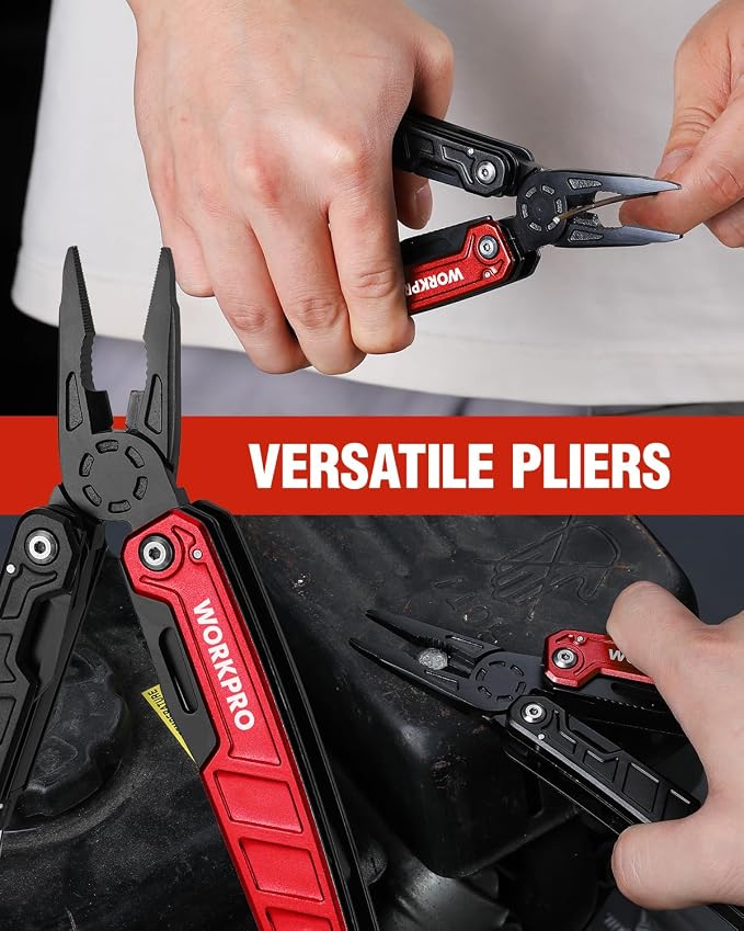 WORKPRO 11 in 1 Multitool Pliers with Pocket Clip and Sheath | EDC Multi Tool Knives with Safety Lock-Pocket Knife with Screwdriver Saw Blade Wire Cutter and Bottle Opener-Red