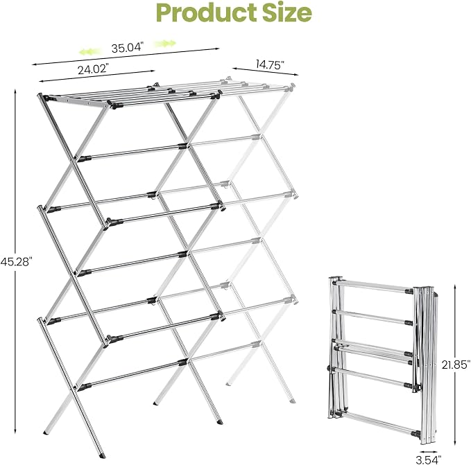 Stainless Steel Clothes Drying Rack, 45.28" H × 14.57" D | Foldable & Extendable, Adjustable Size (24.76"-35.51"L), Space-Saving, Rust-Resistant Frame, Indoor/Outdoor Use, Silver