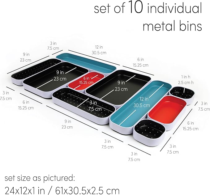 Three by Three Seattle Metal Drawer Organizer Tray Set, 10-Pc, 1" (Multi) | Colorful food-safe metal bins; soft non-scratch base; organize utensils, makeup & supplies across every room