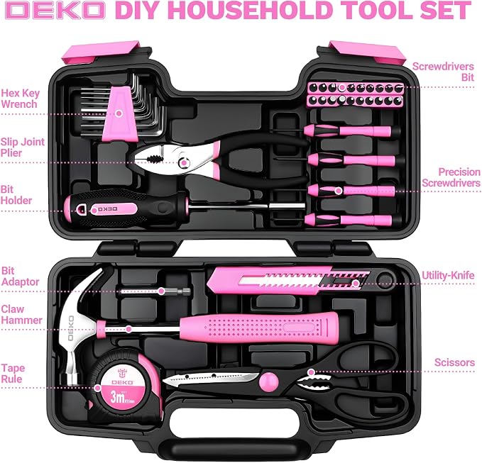 DEKOPRO 39-Piece Pink Household Tool Kit for Women, Basic Hand Tool Set with Plastic Toolbox Storage Case, Small Starter Tool Box Set for Home Repairs, DIY Projects, Crafts and Dorm Essentials