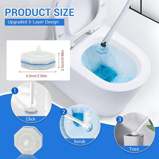 50 Pack Disposable Toilet Brush Refills, Universal Compatible Replacement Heads, 3-Layer Deep Cleaning Sponges for Bathroom Wand, Blue & White Striped Scrubbers