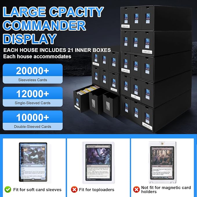 Trading Card Storage Box for 21000+, Card Deck Box for MTG Commander Display, Card Organizer Box with 72 Card Dividers, Labels & Tapes, Compatible with TCG, PTCG, MTG and Sport Cards