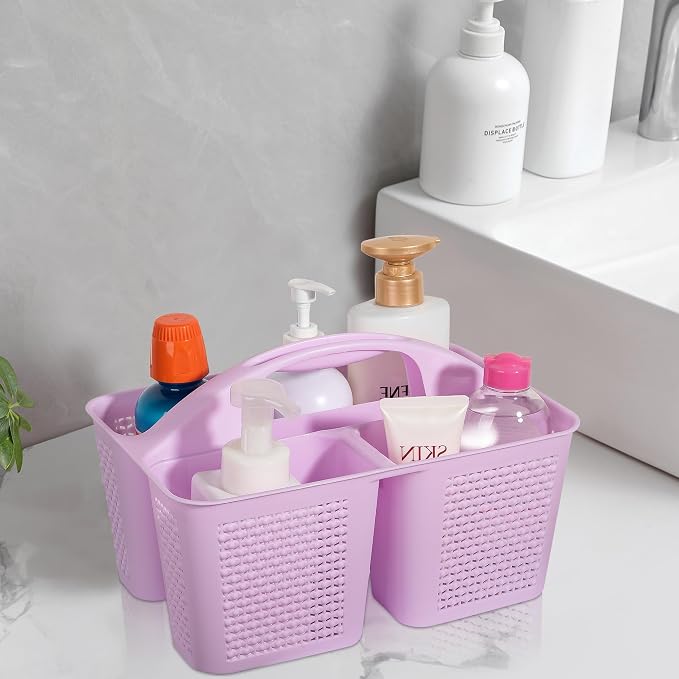Plastic Portable Shower Caddy with Handle, 3 Compartments, Light Purple | Storage Organizer with Drain Holes, Sturdy and Durable For Bathroom, Kitchen, College Dorm, Sink, Camping
