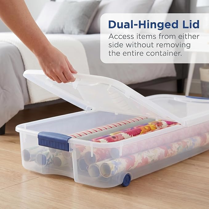 Under Bed Storage Bin 66 Quart, Clear Rolling Container with Wheels & Lid (1 Pack)