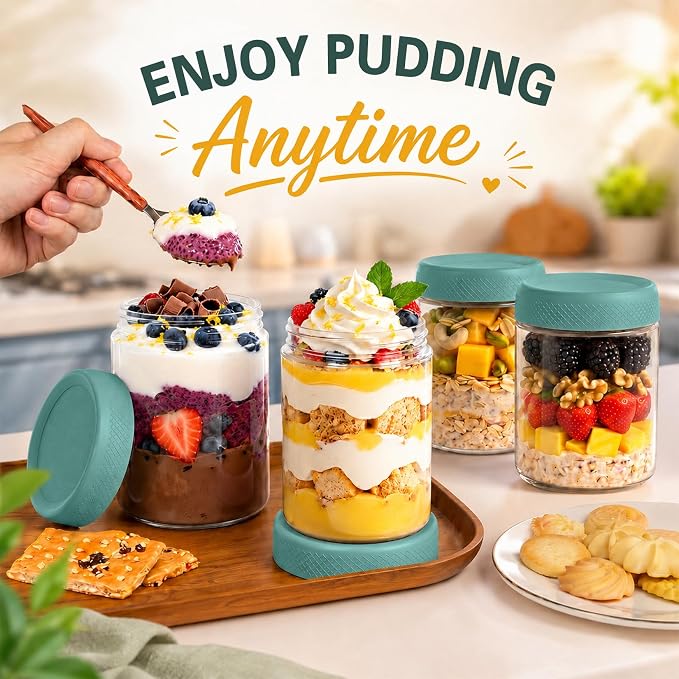 Glass Jar with Lid, Mason Jars 16 oz with Lids, Green Overnight Oats Jars | 6 Pack Glass Storage Containers with Lids, Yogurt Containers with Lids, Airtight Glass jars for Salad, Sugar, Parfait, Candy