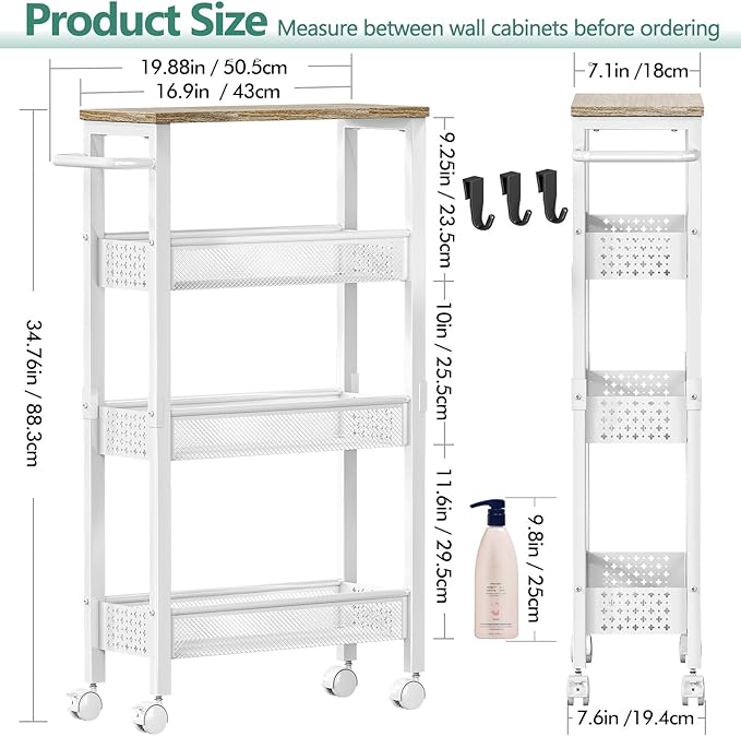 Vivihomety 4-Tier Slim Utility Rolling Laundry Cart with Wheels, Metal | Narrow 7.1" wide, Lockable wheels, wood top panel, metal frame, with handle, for laundry, bathroom, kitchen, white