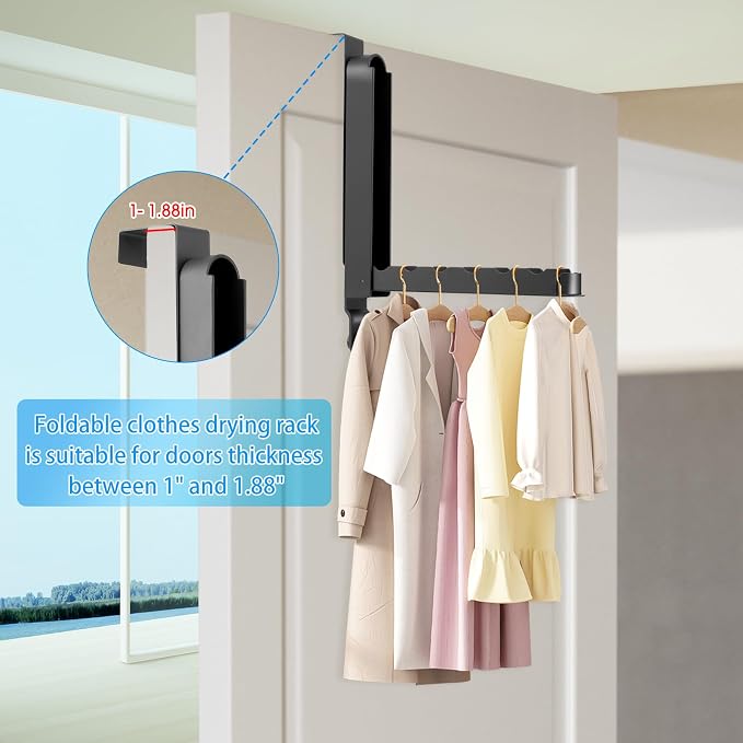 Over The Door Drying Rack, 1 Pack Grey Foldable Clothes Hanger Doors Hooks | Fits Doors Up To 1.88", Foldable Design, 6 Anti-Slip Slots with Extra Hanging Rod, Door Organizer Rack for Laundry Clothes