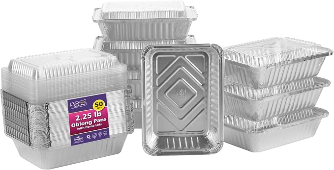Aluminum Pans With Plastic Dome Lids - 50 Count - 2.25LB (8.5"x6") Oblong Pans - To Go Containers With Lids - Disposable Tin Foil Pans - Perfect For Catering, Meal Prep, Baking, Freezer Safe
