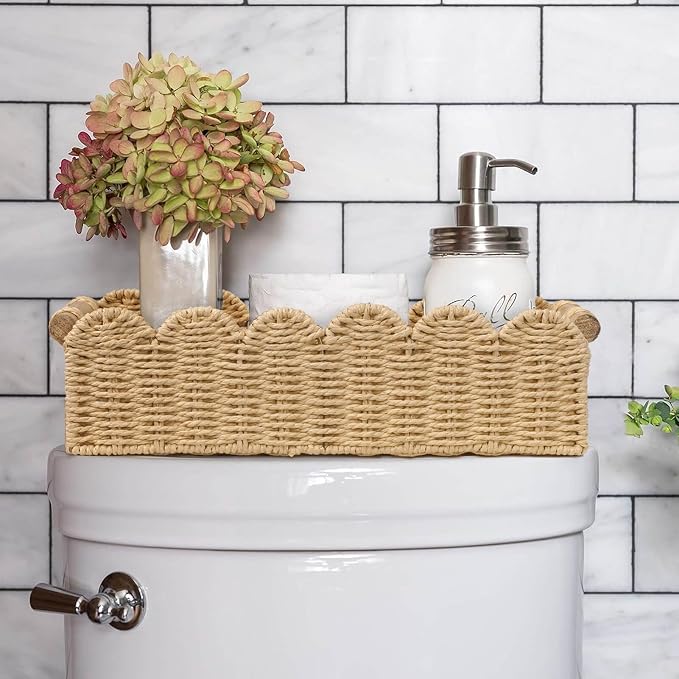 CubesLand Bathroom Basket Organizer, Toilet Tank Paper Storage Baskets 2PK | Scalloped Decorative Basket for Countertop w/Handle, Wicker Basket for Bathroom Decor, Home Decor, Living Room, Beige