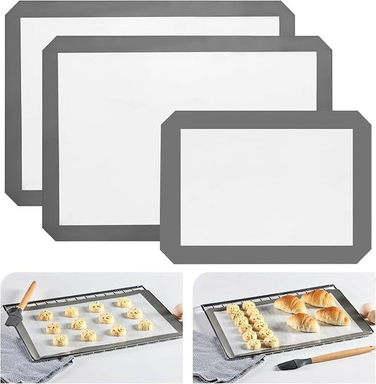 KitchenRaku Silicone Baking Mat Set of 3, 2 Half Sheets (16.5"x11.6") + 1 Quarter Baking Sheet Reusable Silicone Cooking Mat, BPA Free Baking Sheet for Cookies, Macarons Bread & Pastry