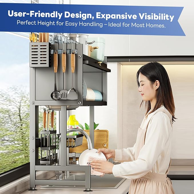 Hdrriozu Over the Sink Dish Drainer Drying Rack 3 Tier with Cover | Rust resistant built to last. Easy install simple tools. Holds all dishes glasses bowls. Space saving over sink tidy kitchen.
