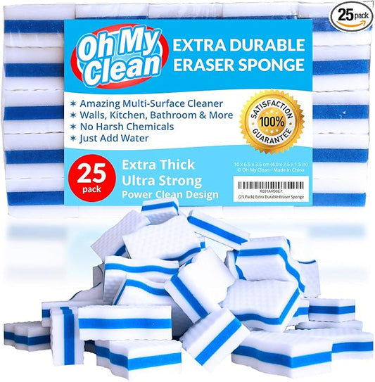 (25 Pack) Extra Durable Eraser Sponge – Extra Thick, Long Lasting Magic Melamine Cleaning Sponges in Bulk – Foam Pads for Walls, Kitchen, Bathroom, Floor & Baseboard Cleaner