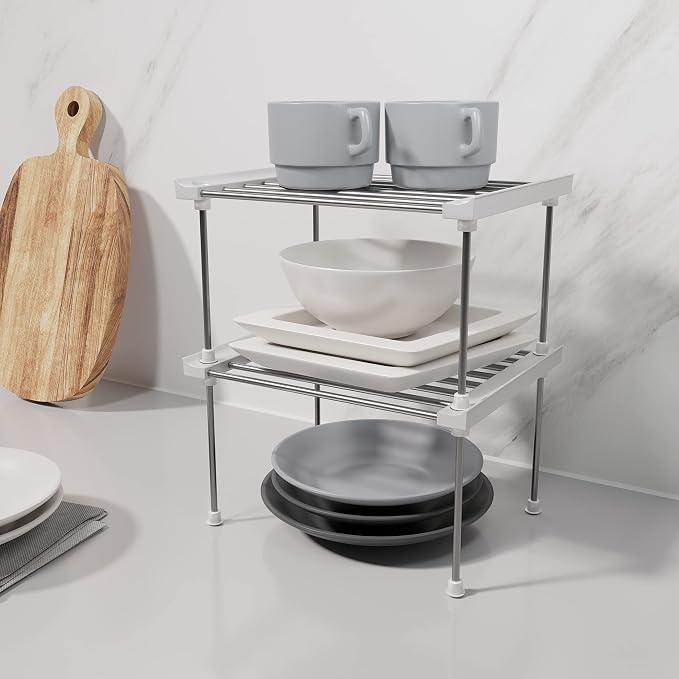 carrotez Set of 2 Stackable Cabinet Organizer Shelf 9.8 x 7.8 x 6.1 White | Kitchen Counter Shelves, Kitchen Cabinet Organizers and Storage, Pantry Storage Shelf Organizer
