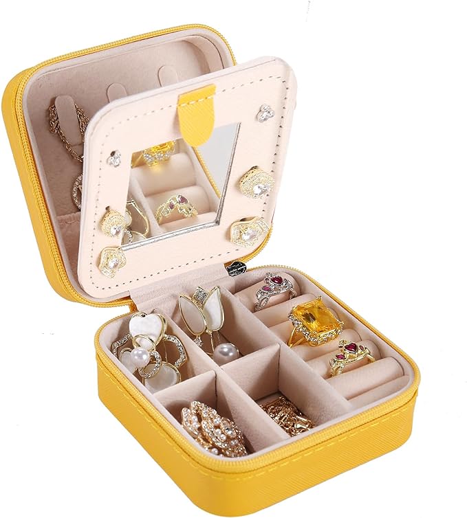 KElofoN Travel jewelry case Travel jewelry box Travel Jewelry Organizer Small Jewelry Organizer Box Gift for Girls Women with Mirror (Yellow)