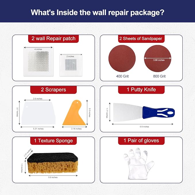 BONCART 8.6Oz Drywall Patch Repair Kit – Professional All-in-1 Tool Set | Includes Scrapers, Sandpaper, Putty Knife, Texture Sponge, Gloves, And Aluminum Patches. For Fast Wall Hole Repair
