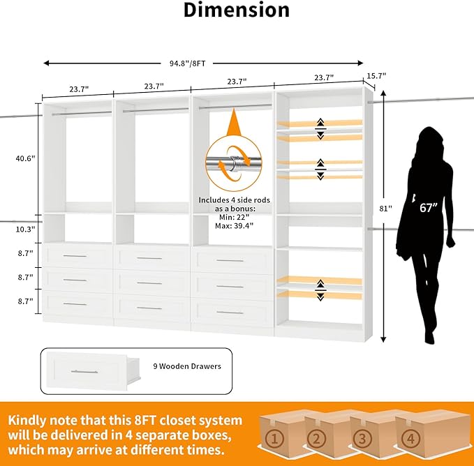 Closet System with 4 Sets, 8FT-21FT Closet Organizer Systems with 9 Drawers 9 Shelves & 5 Hanging Expandable Rods, Walk in Closet Standalone Small Corner Modular Closet Storage System White (8FT)