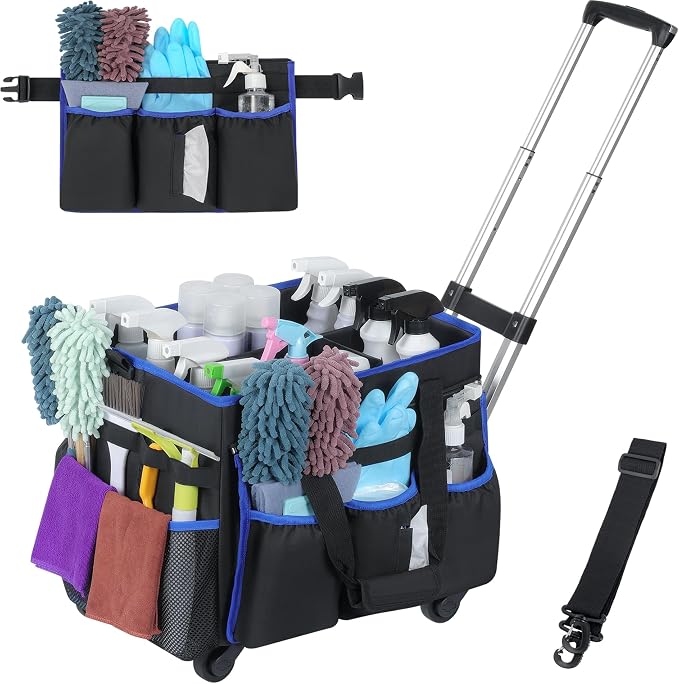 Large Rolling Cleaning Caddy Bag with Detachable Trolley and Shoulder Strap | Large Capacity with Multiple Pockets, Detachable Waist Pouch, Water Resistant Cleaning Supply Organizer Cart for Housekeeper