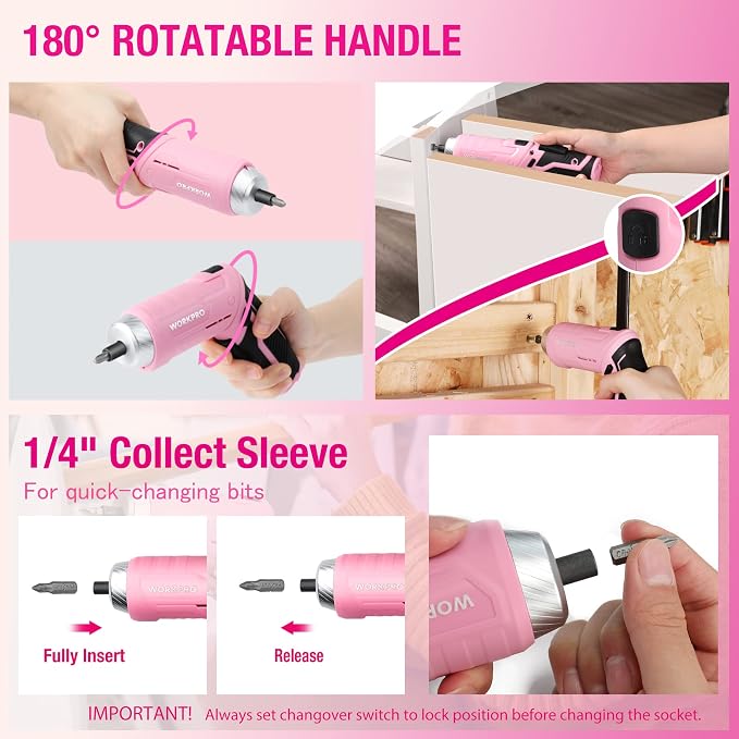 WORKPRO Pink Tool Set with 3.7V Rotatable Electric Screwdriver, 18PCS Portable Ladies Home Tool Kit with Toolbox, Cordless Electric Screwdriver Kit, Household tool kit for Dorm, Apartment -Pink Ribbon | Pink Ribbon, USB-C Rechargeable, Compact Storage ...