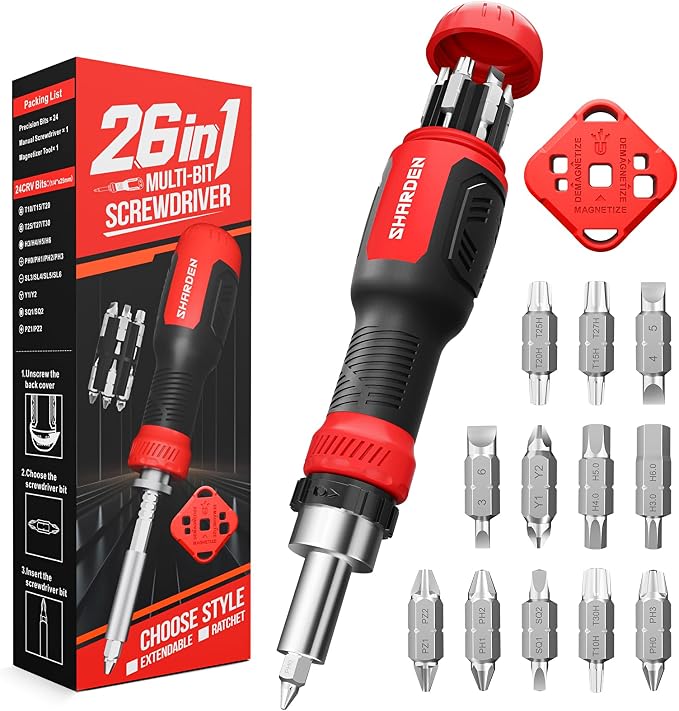 26-in-1 Ratcheting Screwdriver Set Multi Screwdriver Tool Kit | All in 1 Ratchet Screwdriver, 12 Double Ended CRV Bits Phillips Slotted Torx Hex, Portable Tool for Home Bike Computer Repair