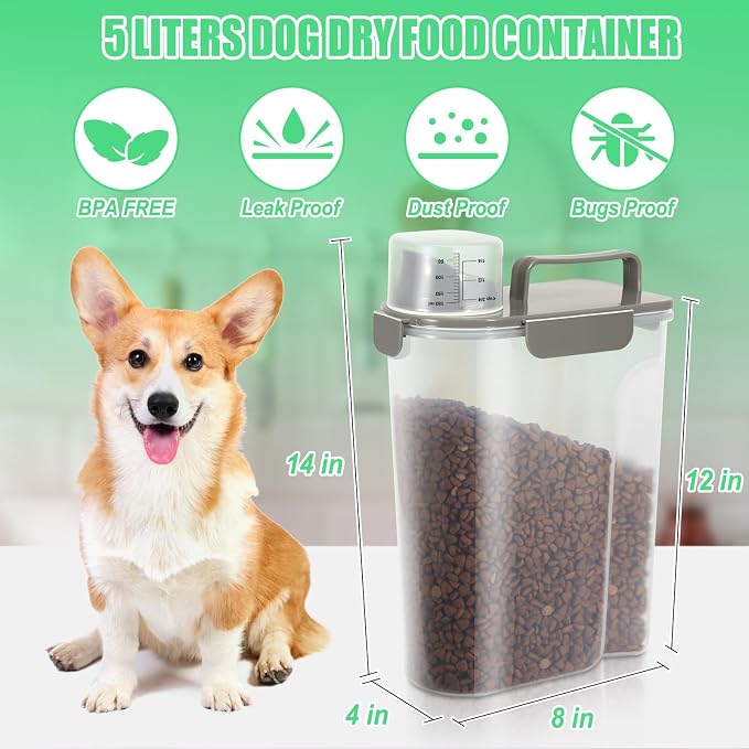 Dog Cat Food Storage Container, Pet Food Pourable Container Airtight with Large Spout & Cup, BPA-Free Plastic Food Dispenser for Pet Food, Bird Seed, Rice, Flour (Dark Olive, 5L)
