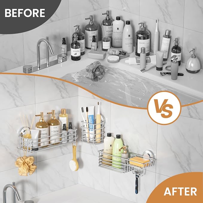 LEVERLOC Shower Caddy Suction Cup, 3 Pack Heavy Duty Bathroom Organizer for Inside Shower with Hooks & Soap Holder, Removable Bathroom Organizer, Rustproof Silver Holder Storage,Silver