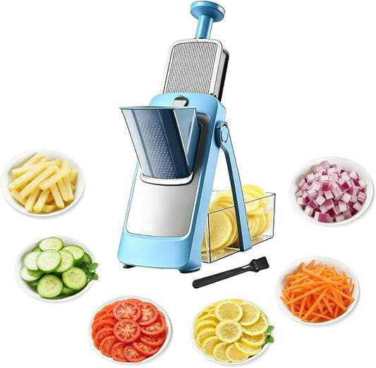 Upgraded Safe Mandoline Slicer for Kitchen, Potato Slicer for Chips, Multi Vegetable Chopper with Drain Basket Storage Container, Thickness Adjustable Versatile Faster Slice Artifact (Blue)