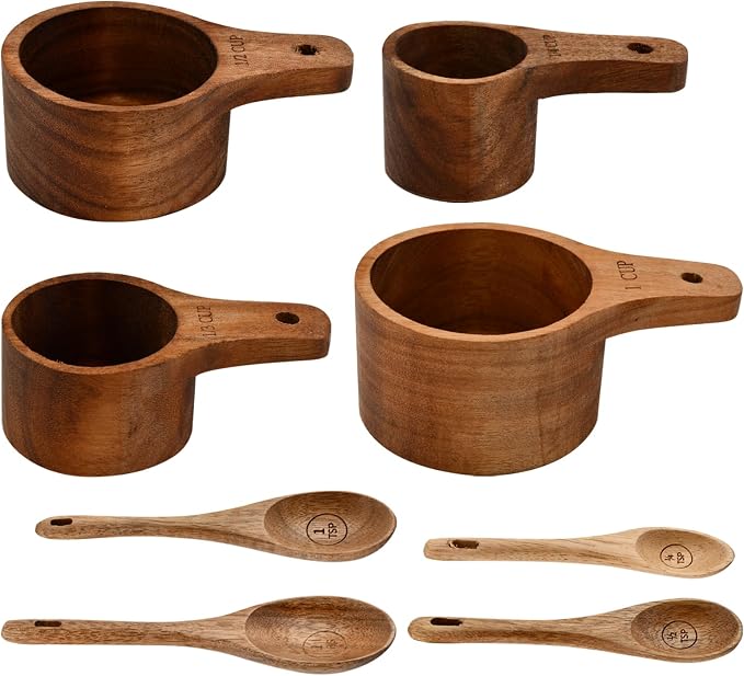 8-Piece Wooden Measuring Cups and Spoons Set, Laser-Engraved, Nesting Design, Measuring Spoons for Dry Ingredients, Kitchen Gadgets for Cooking and Baking