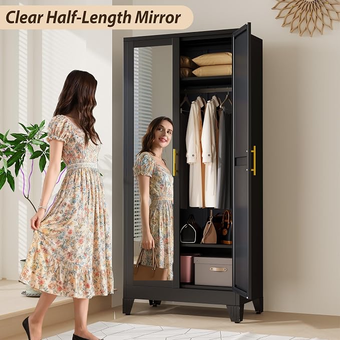 Metal Wardrobe Storage Cabinet with Mirror and Hanging Rod,71'' Metal Clothing Cabinet with 2 Doors and 2 Adjustable Shelves for Bedroom, Laundry Room, Cloak Room (Black)