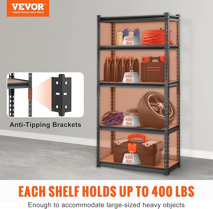 VEVOR Storage Shelves 5-Tier Adjustable 2000 lbs 30"x12"x60" Shelving Unit | Heavy Duty Garage Storage Metal Utility Rack Shelf for Kitchen, Pantry, Basement, Bathroom, Laundry, Living Room, Warehouse