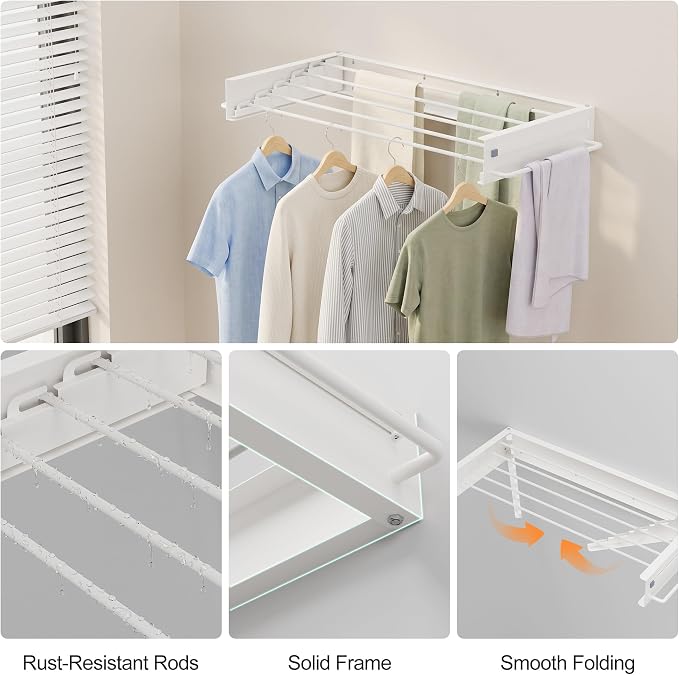 JOOM Wall Mounted Clothes Drying Rack,31.5 Inch Foldable Rack,White,Poles | 5 Aluminum Rods, 60 lb Capacity Collapsible Wall Mount Laundry Drying Rack for Laundry Room, Bathroom, Balcony