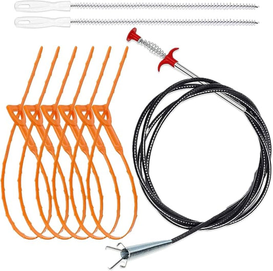 Drain Cleaning Tool Set, 79" Extra-Long Drain Clog Remover, (6pcs) 25" Hair Drain Snakes, (2pcs) 25" Cleaning Brushes for Sink, Tub, Toilet & Sewer, (9-Pieces Tool Set)