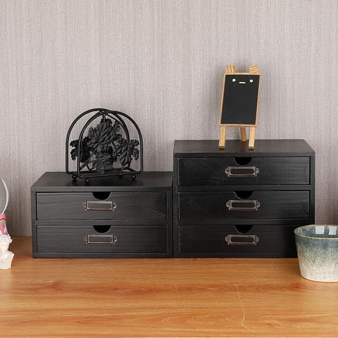Small Wooden Drawers Wooden Box with Drawer Black | 3 Drawer Storage Box for Apothecary Cabinet, Apothecary Drawers，Desktop Organizer with Metal Handles for Office，Home