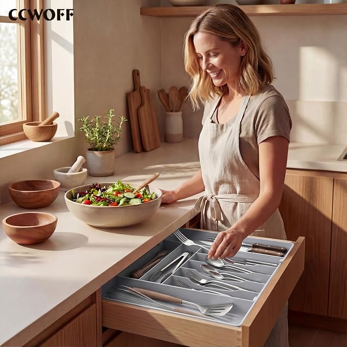 Silverware Drawer Organizer, 9 Slots Expandable Kitchen Drawer Organizer | Extra Large Utensil Holder & Cutlery Tray, Heavy Duty Stainless Steel Frame Flatware Organizer, Non-Slip Feet Included, Gray