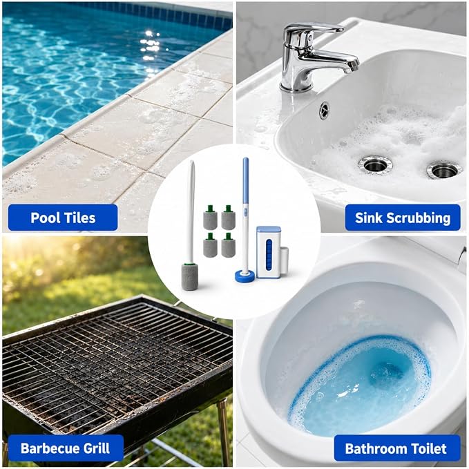 Disposable Toilet Brush 24 Refills & Pumice Stone Toilet Bowl Cleaner 5Pack | 2-In-1 Bathroom Cleaning Kit With Wall Mount Holder, Removes Hard Water Stains & Rust for Toilet, Bathtub, Sink, Grill, Pool