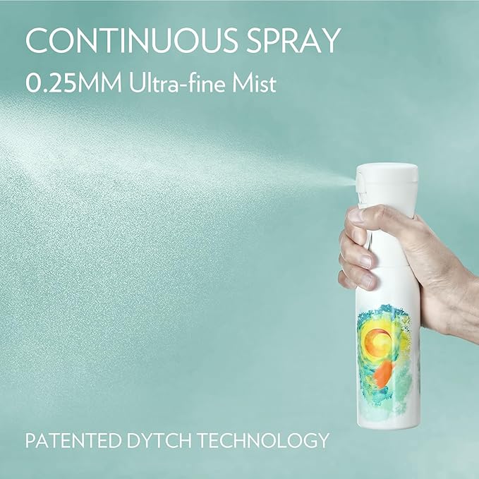 FLAIROSOL InspireArt, Continuous Spray Bottle - Ultra Fine Mist Water Sprayer for Hairstyling, Cleaning, Arts & Crafts, Versatile Spray Bottle, Patented Technology, 6.8 OZ (White Bottle, Green Print)